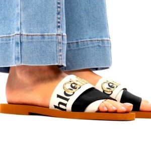 Chloe Woody Sandal Gold Embroidery Flat Slip-On Size 9 Spell Out Canvas Luxury